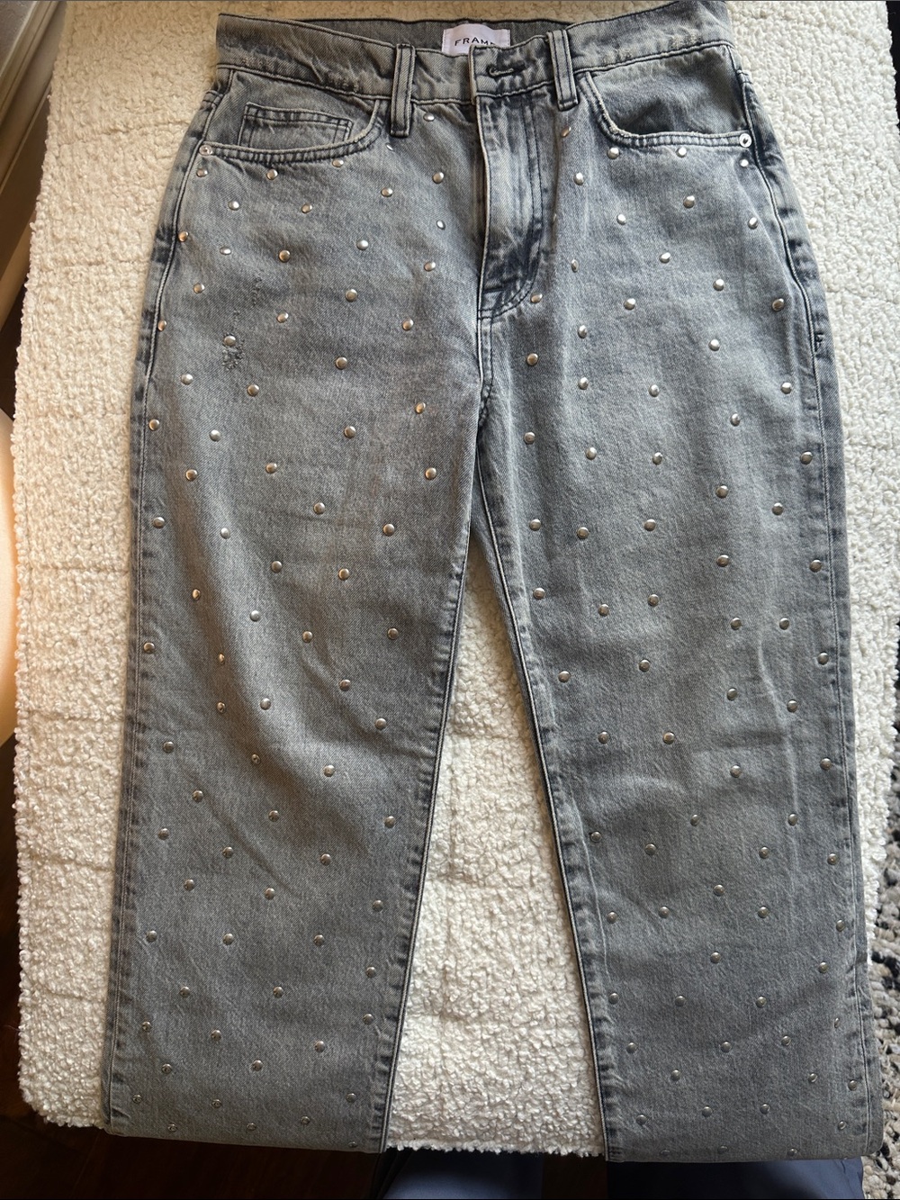 Frame Denim Gray Straight Leg Jeans with Stud Detail